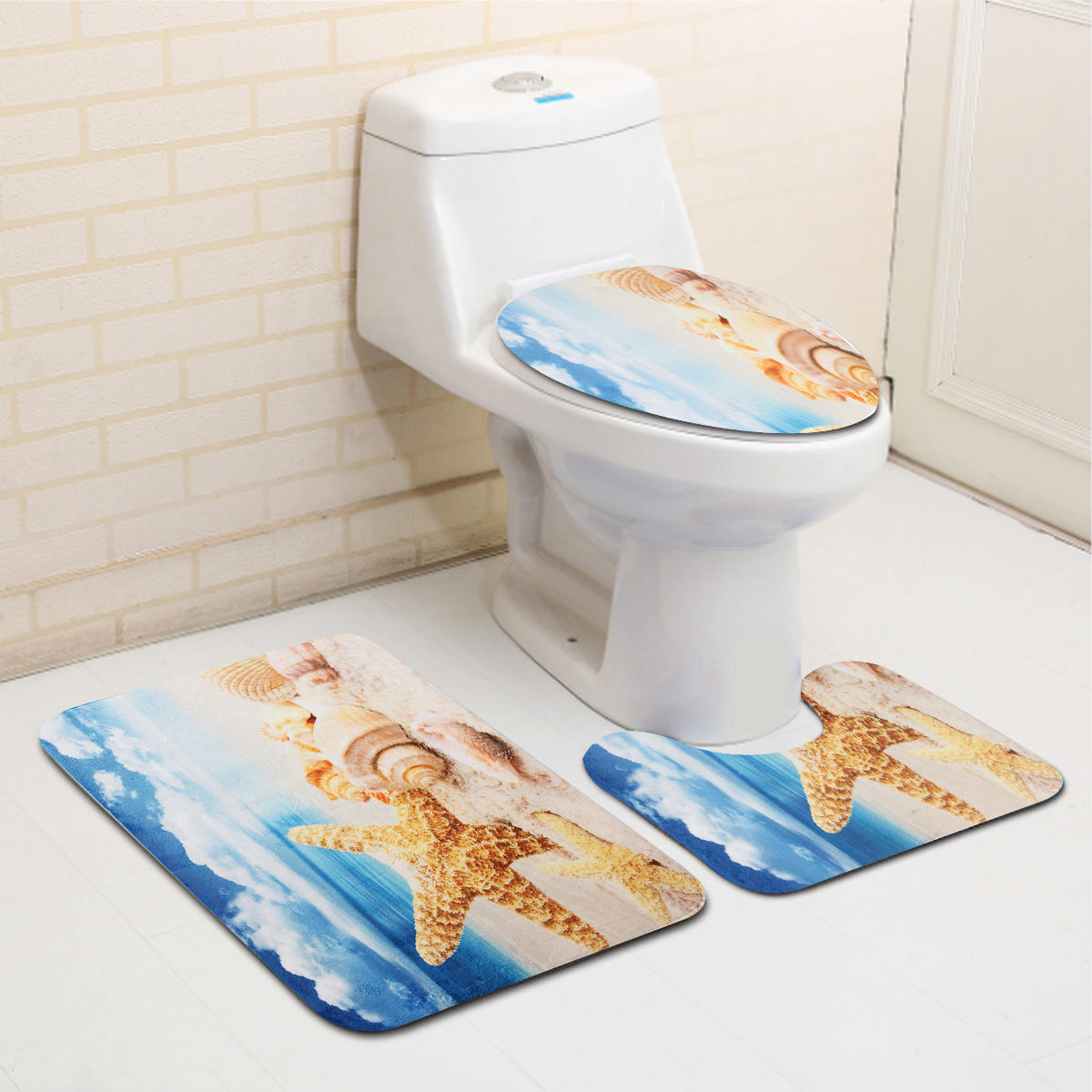 3Pcs Sea Beach Bathroom Non-Slip Pedestal Rug+Lid Toilet Cover+Bath Mat Set