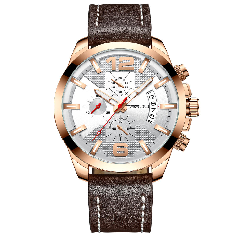 CRRJU 2285 Fashion Men Luminous Display Calendar Chronograph Leather Strap Quartz Watch