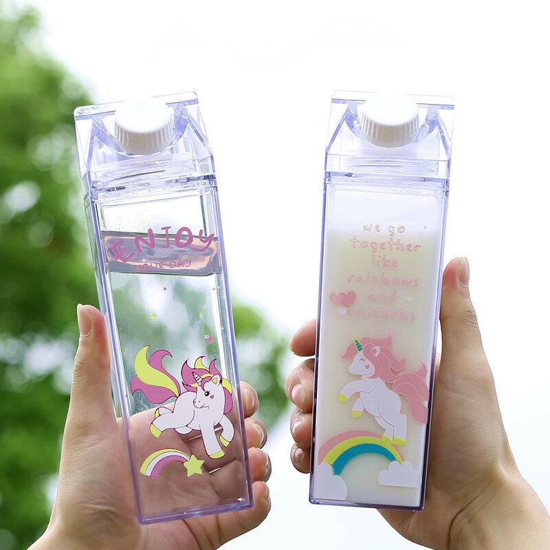

Portable Cup Novelty Milk Carton Shaped Cartoon Unicorn Printed Water Bottle