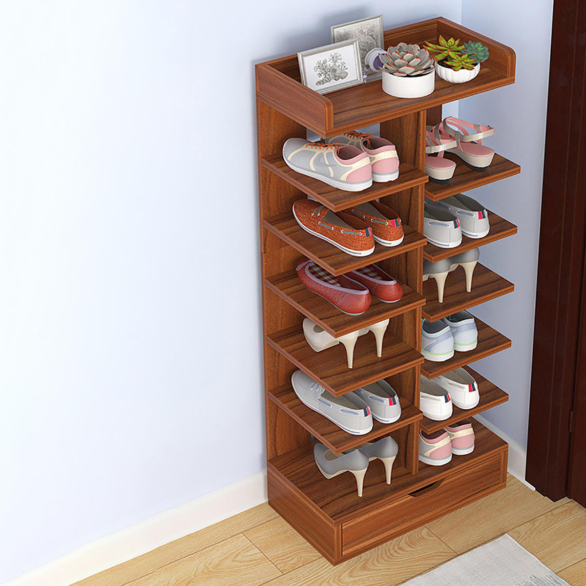 6/7/8 layer wooden shoe racks storage organizer shelf with drawer