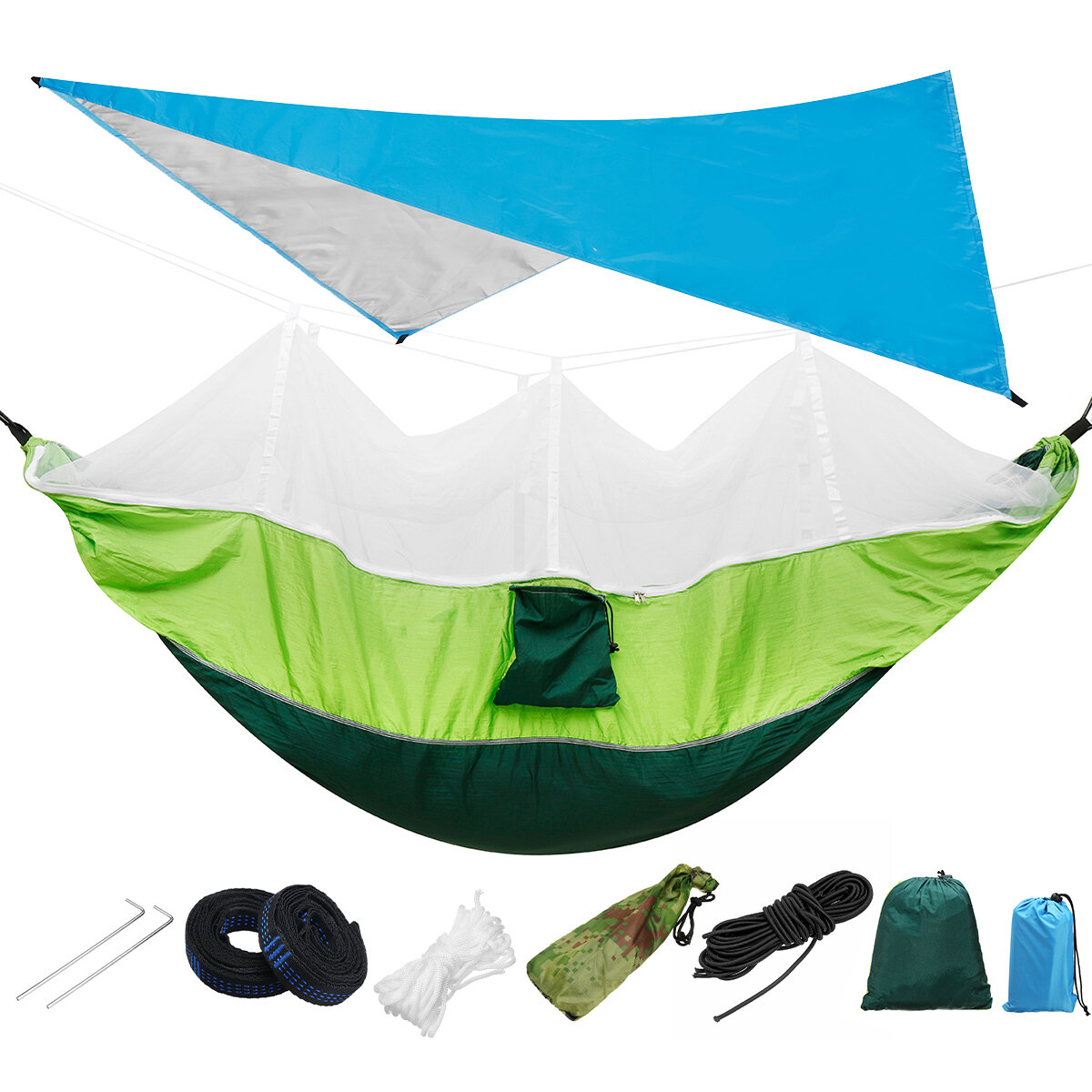 IPRee® 300KG Terhelés 18db / készlet Könnyű hordozható kempingágy és sátor ernyő készlet Eső Fly Tarp Mosquito Net Canopy 210T Nylon Hammocks, vízálló 2000 Fa szíjak Napellenző.