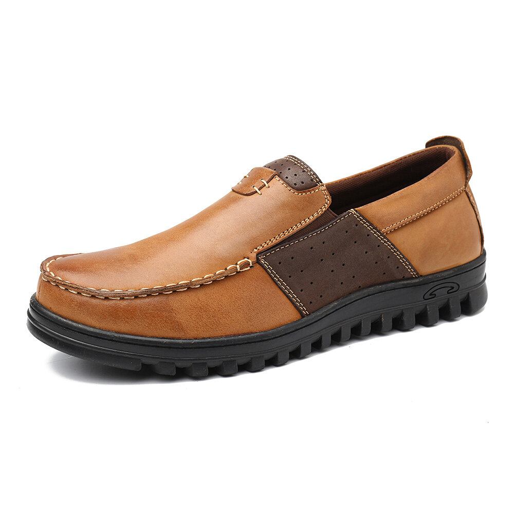 Men Comfy Moccasin Toe Leather Splicing Soft Casual Shoes