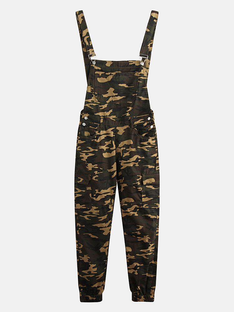 Mens Camo Printed Ankle Lenght Elastic Casual Jumpsuits Suspenders Pants