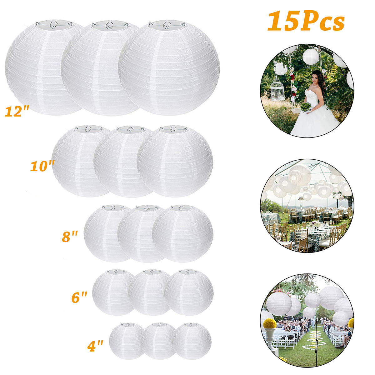 15-packs Witte ronde papieren lantaarns met verschillende maten voor bruiloftsdecoraties