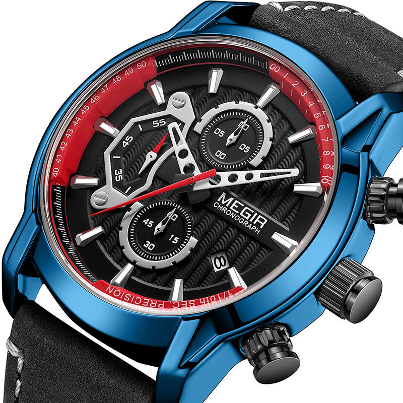 

MEGIR 2104 Спортивные мужские часы Водонепроницаемы Светящиеся Дата Дисплей Кожаный ремешок с хронографом Кварцевые часы