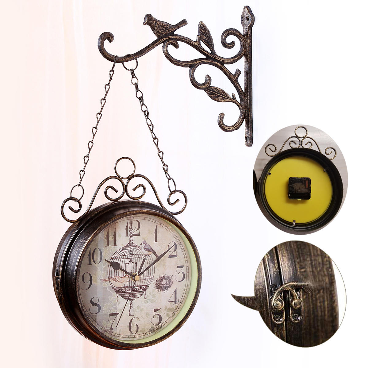 Double Sided Round Wall Mount Hanging Station Silent Clock Chic Vintage Retro Decorations