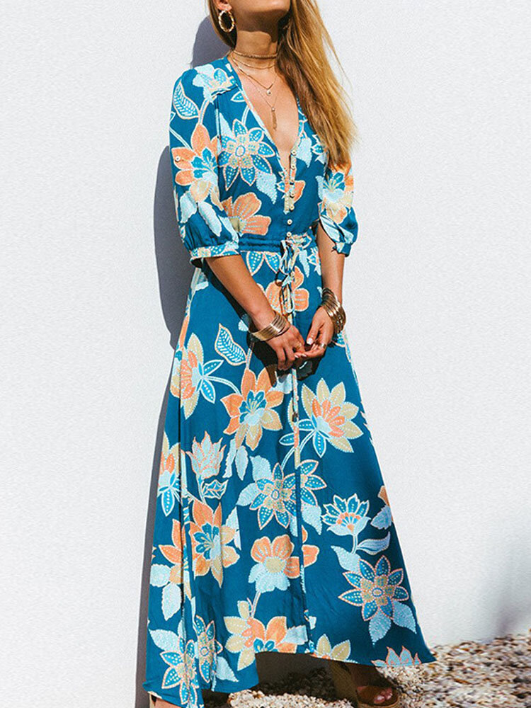 Image of Bhmischer Blumendruck V-Ausschnitt Taillenbindung Summer Beach Holiday Long Maxi Kleid
