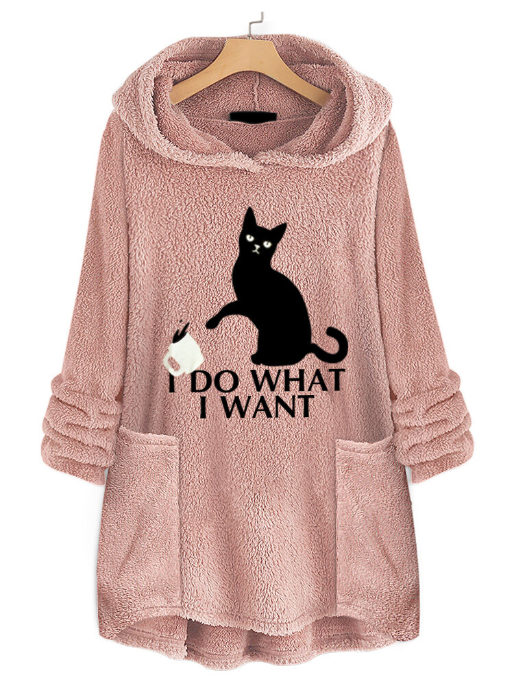 Women Casual Cat Print Hooded Fleece Thicken Sweatshirt Hoodies With Pocket