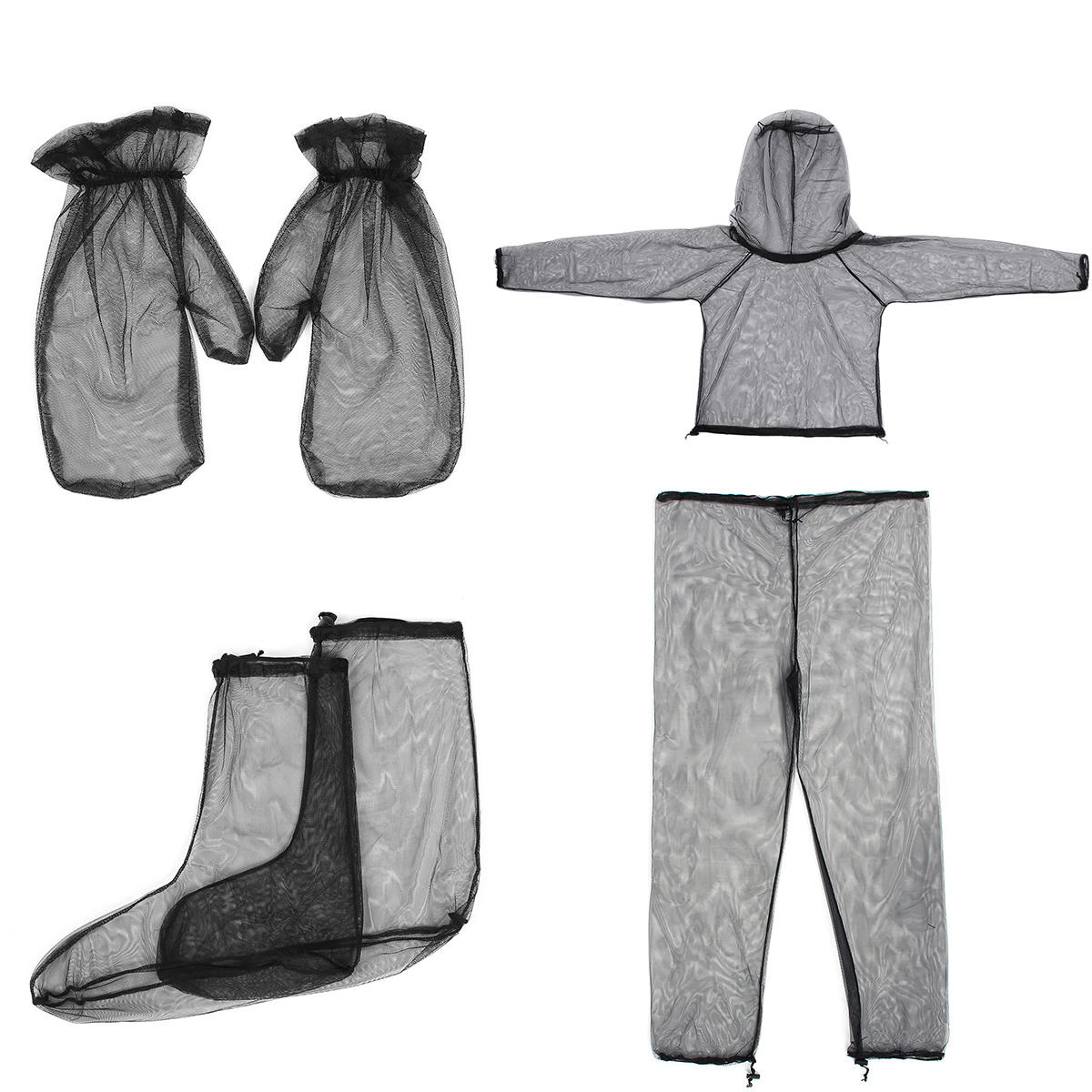 Ensemble léger de voyage et de camping en maille haute densité composé de veste, pantalon, gants et chaussettes anti-moustiques.