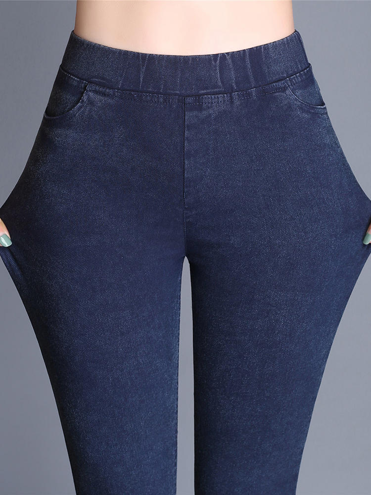 Solid Color Pockets Elastic Casual Denim Pants