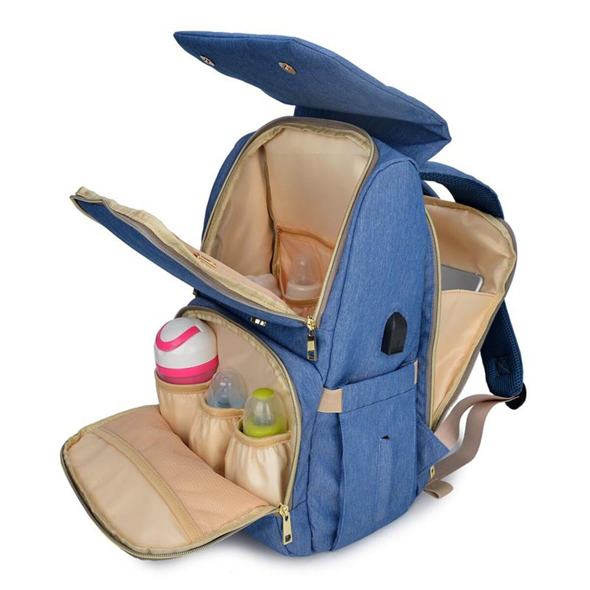 Bolsa de pañales impermeable, bolsa de cuidado del bebé para mamá, mochila USB para viajes al aire libre
