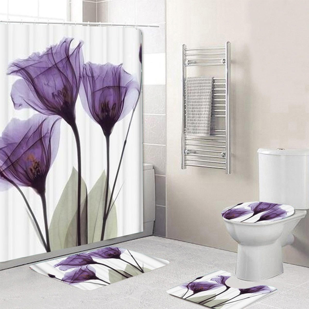 Tulpen Lavendel Hoop Gedrukt Badkamer Bloem Decor Waterdicht Douchegordijn Antislip 3-delige vloerkleedset