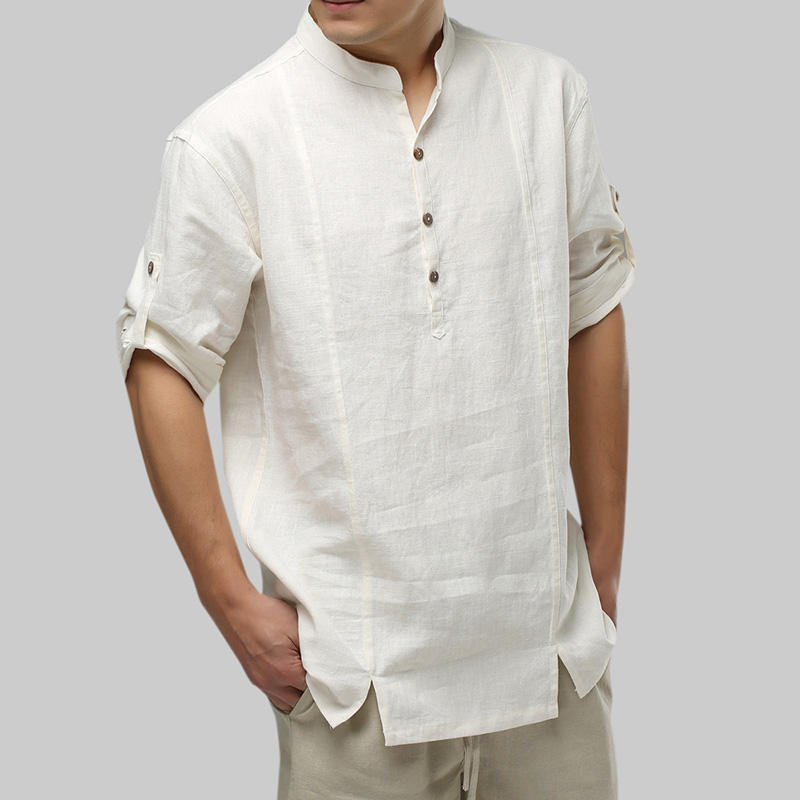 mens 100% cotton retro plain color half sleeve half open at Banggood