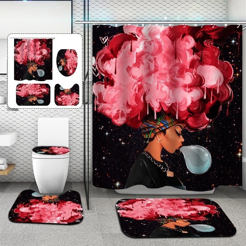 

African Girl Bathroom Shower Curtain Soft Non-slip Bathroom Carpets Rugs Bath Mat Toilet Seat Cover