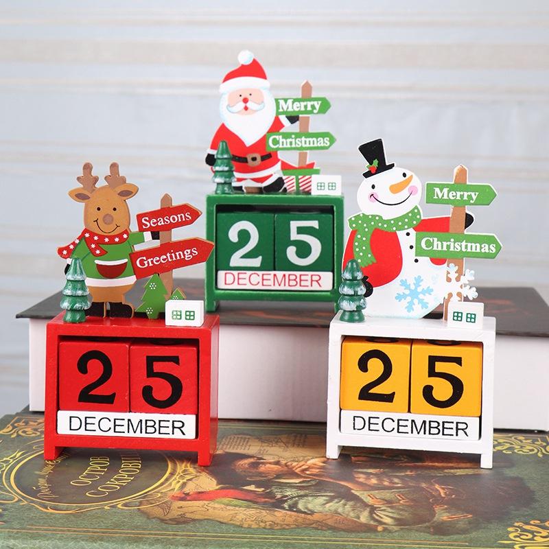 Christmas Advent Countdown Calendar Houten Kerstman Sneeuwpop Rendierpatroon Met Geschilderde Blokken Vakantiehuis Decoraties
