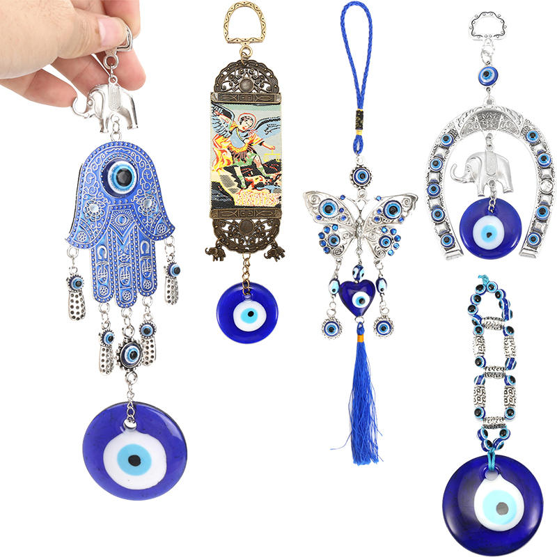 

Turkish Blue Evil Eye Horseshoe with Elephant and Ribbon Wall Hanging Decorations ☆
