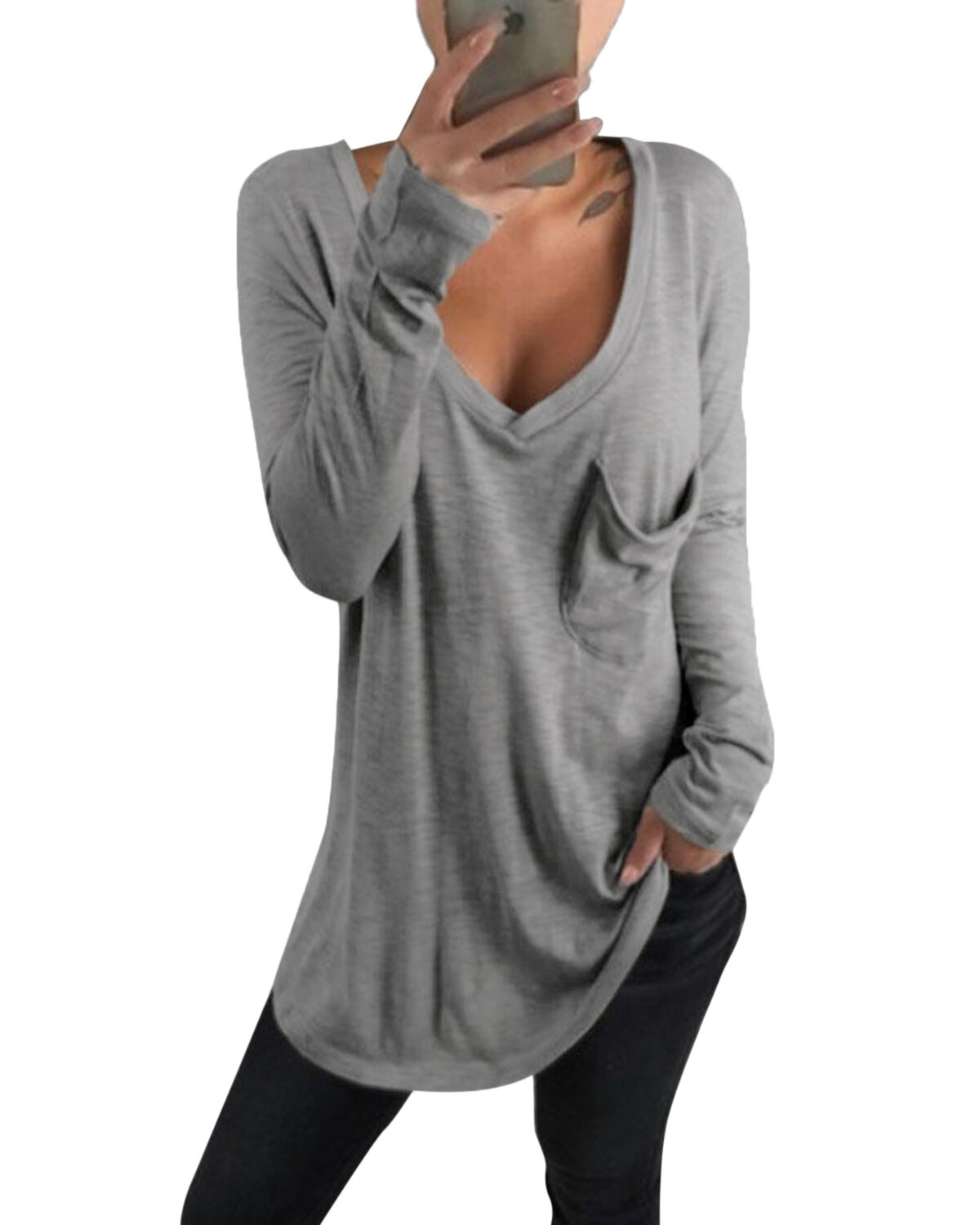 Women Casual V Neck Long Sleeve Loose Baggy Solid T Shirts With Pocket