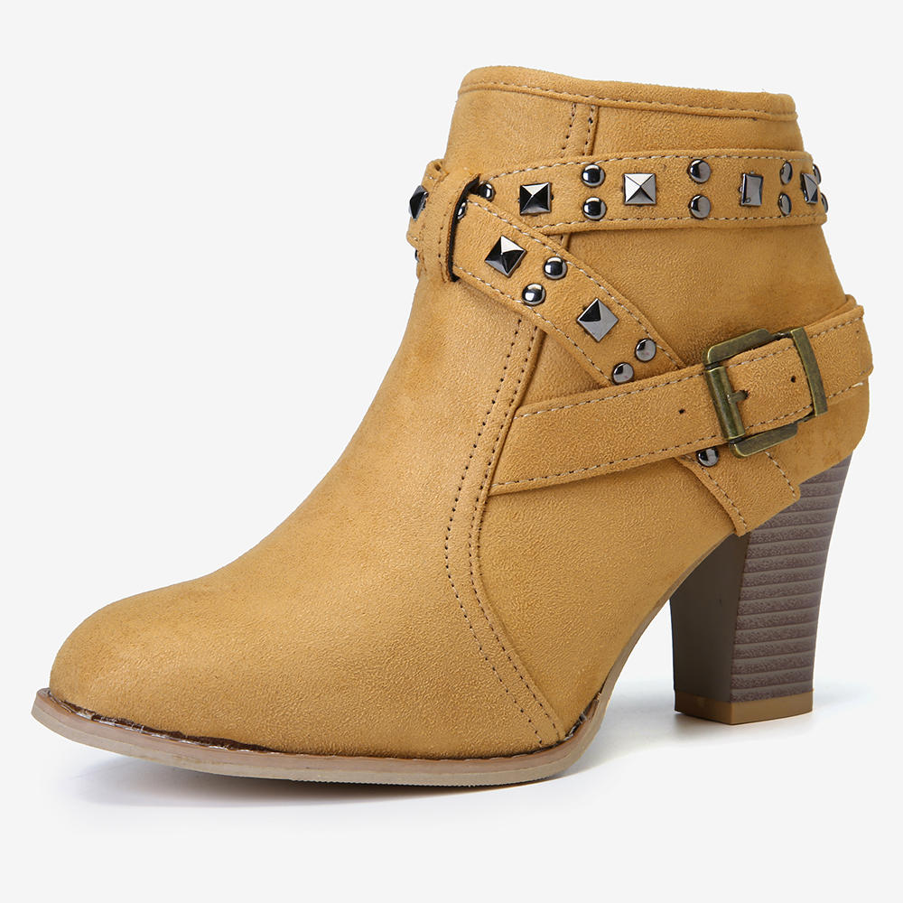 51% OFF on Large Size Women Fashion Suede Rivet Zipper High Chunky Heel Short Ankle Boots