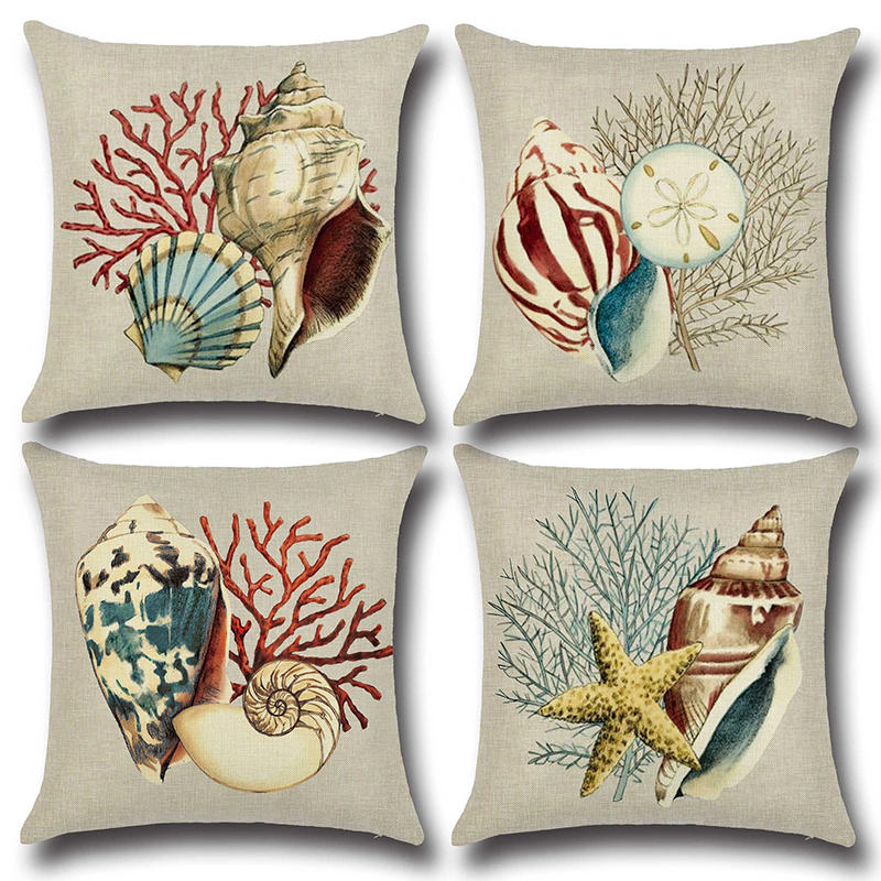 

Sea Snail Printed Cotton Linen Cushion Cover Concise Beach Style Square Home Decor Sofa Pillow Case