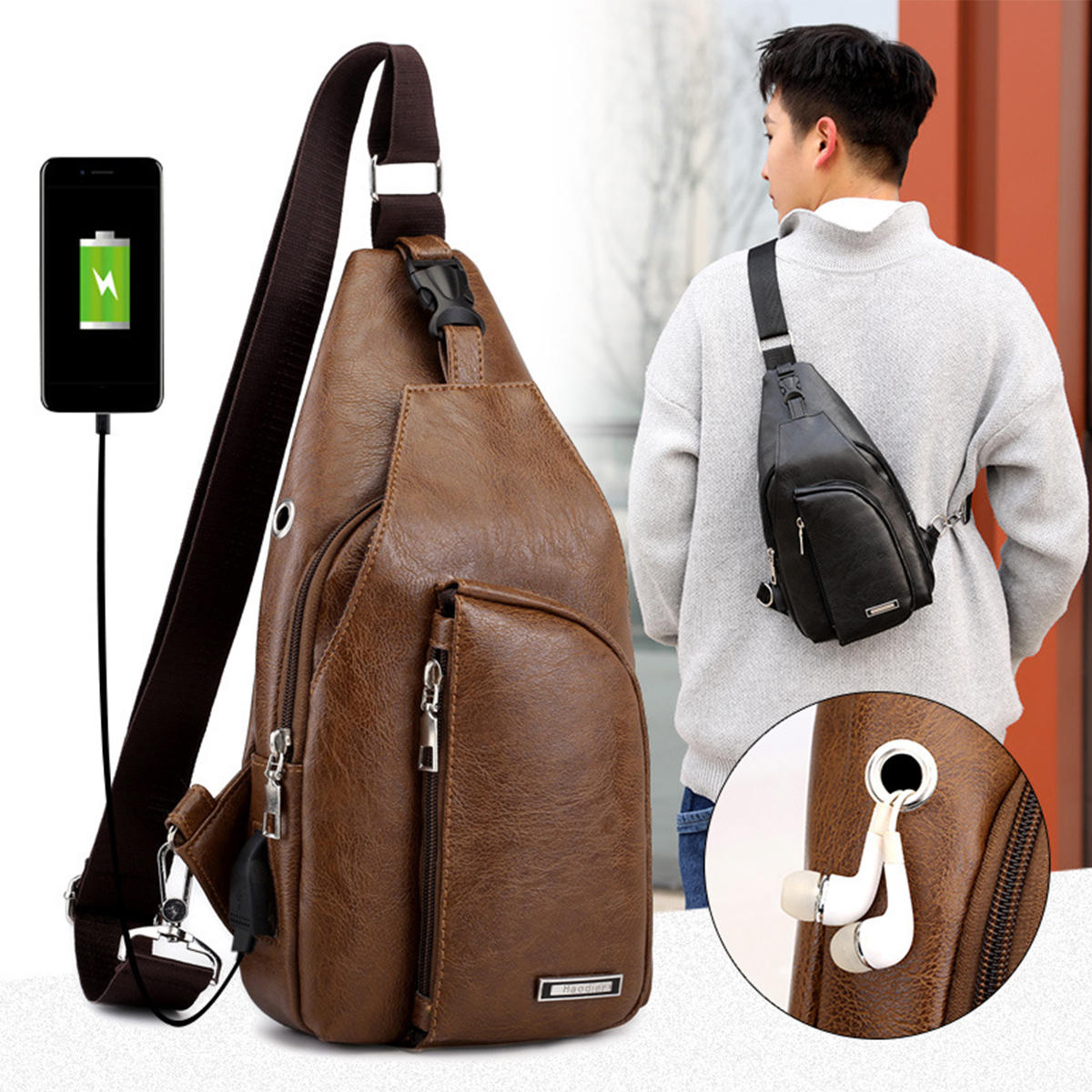 

Men's Fashion PU Leather Sling Bag Chest Shoulder Backpack Waterproof Crossbody Bags with USB Charging Port and Earphone