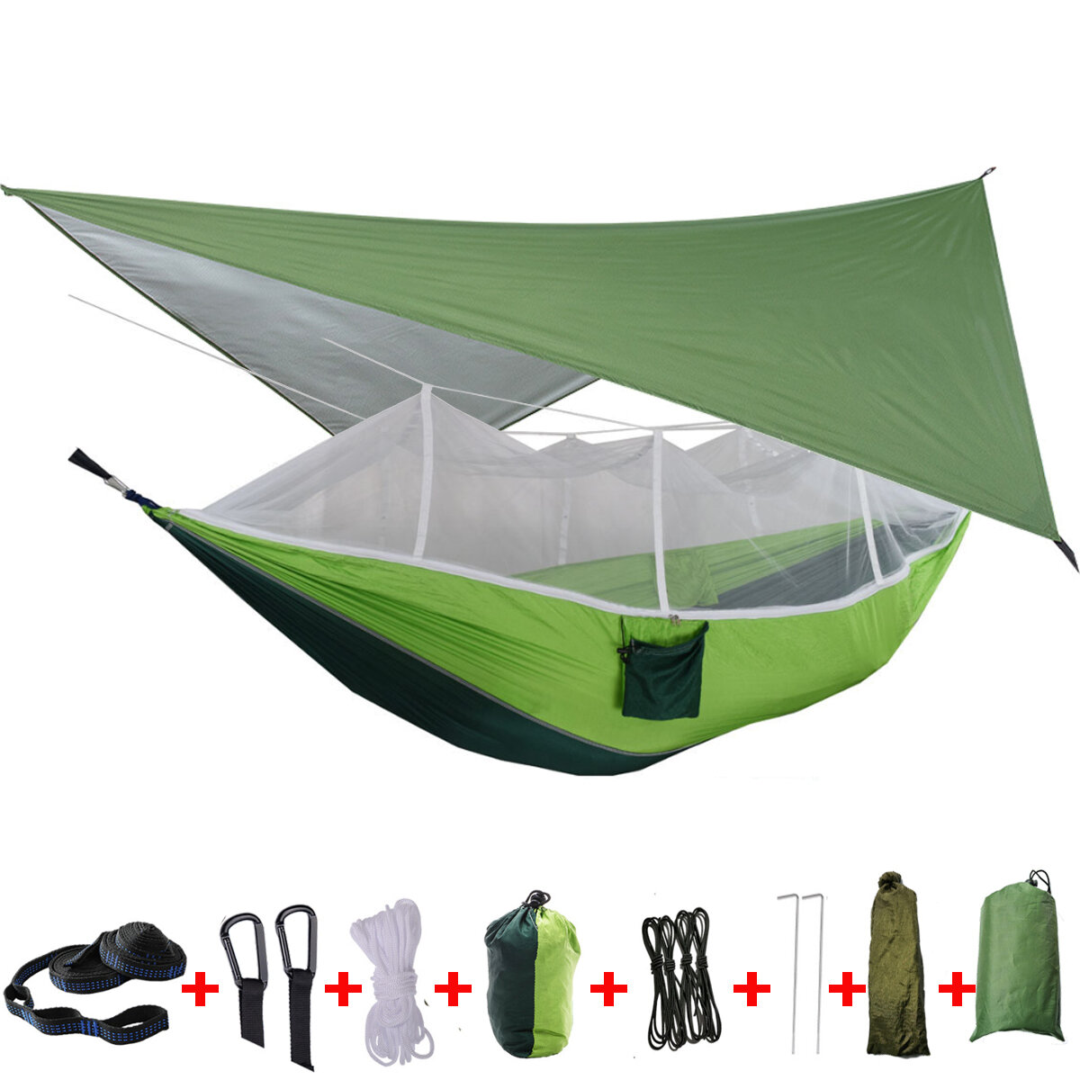 Namiot hamakowy IPRee® dla 2 osób z moskitierą, pokryciem przeciwdeszczowym i podwójnym łóżkiem wiszącym na zewnątrz