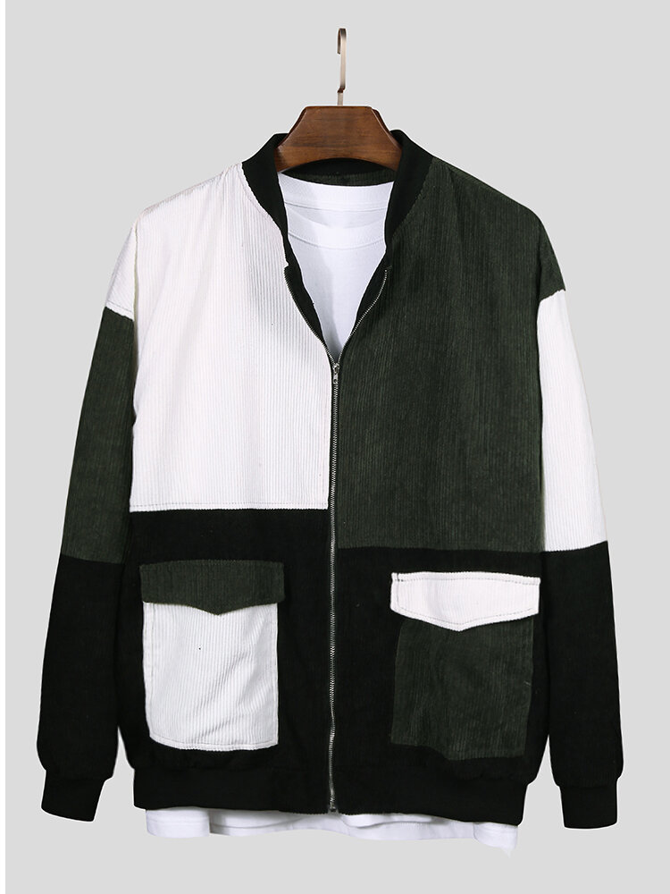Men Corduroy Color Block Dual Pockets Zipper Coats - US$38.99