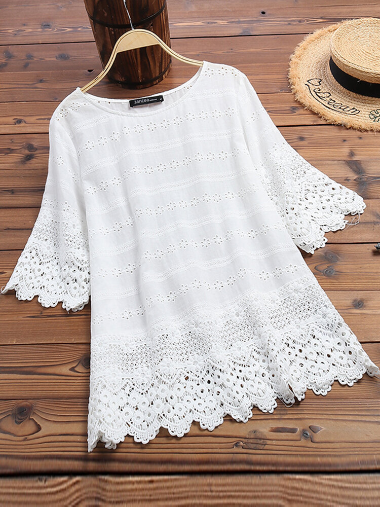 Women Pure Color Embroidery Hollow Half Sleeve Blouse