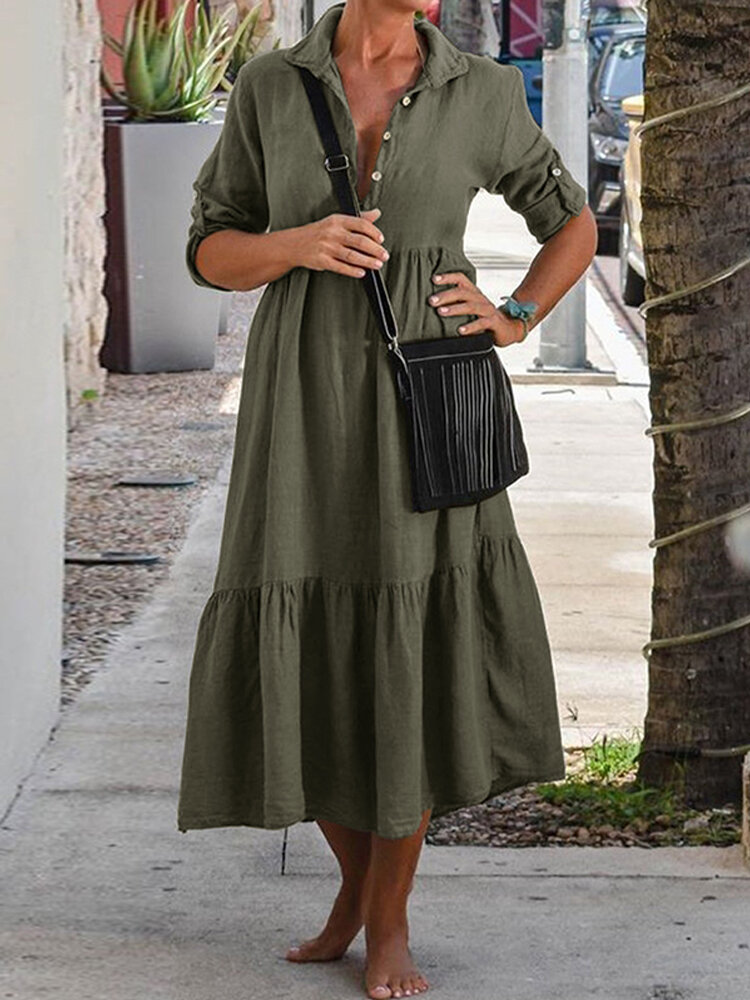 Vrouwen lange verstelbare mouw geplooide effen overhemd casual maxi-jurk