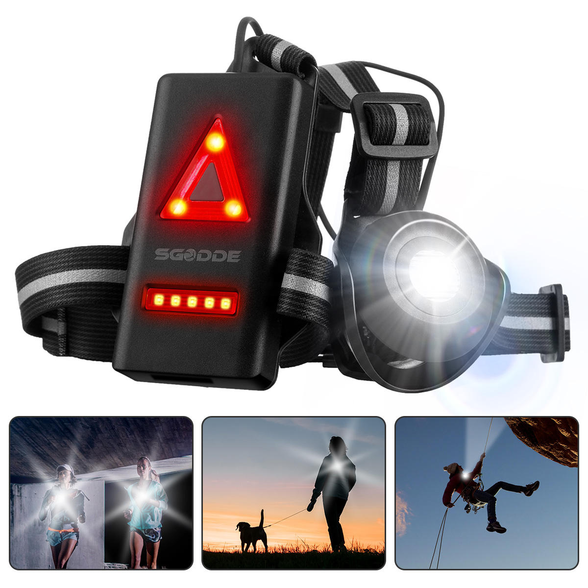 SGODDE LED Headlamp Fishing Headlight Bike Running Light Waterproof With 120 ° Adjustable Beam Safety Warning Belt With