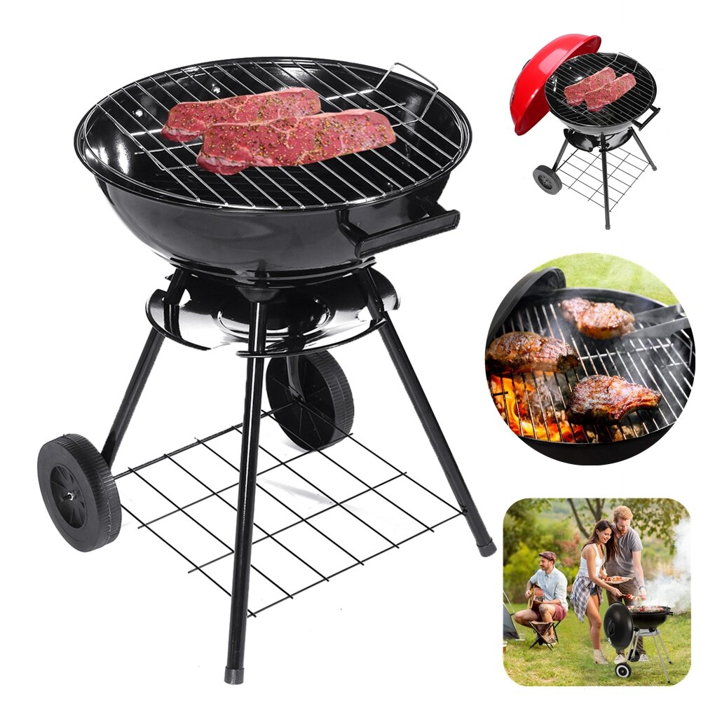 17inch Round Portable Heat Control Charcoal Grill With 2 Wheels Barbecue BBQ Kettle Outdoor Picnic Camping Cooking Grate