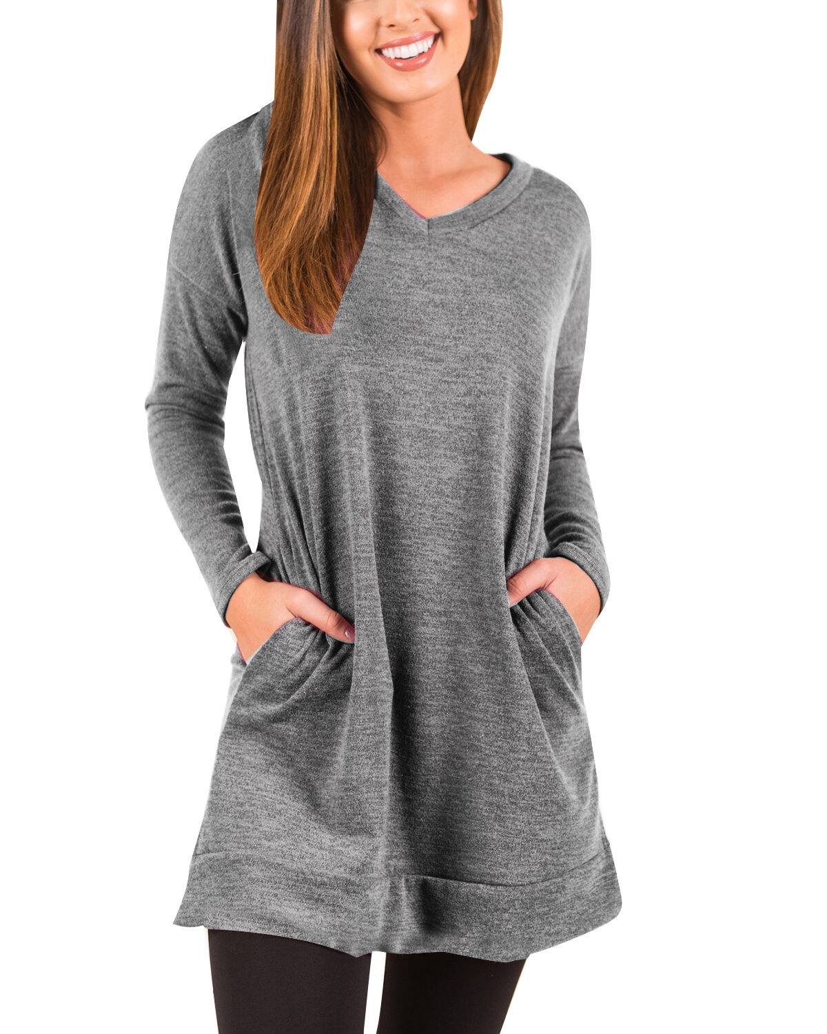 Women Long Sleeve Causal V Neck Solid Pockets Pullover Sweatshirt