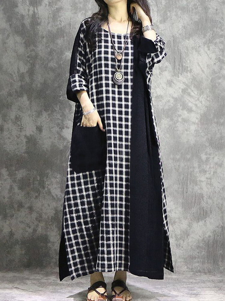 Plaid Patchwork Round Neck Long Sleeve Casual Maxi Dress