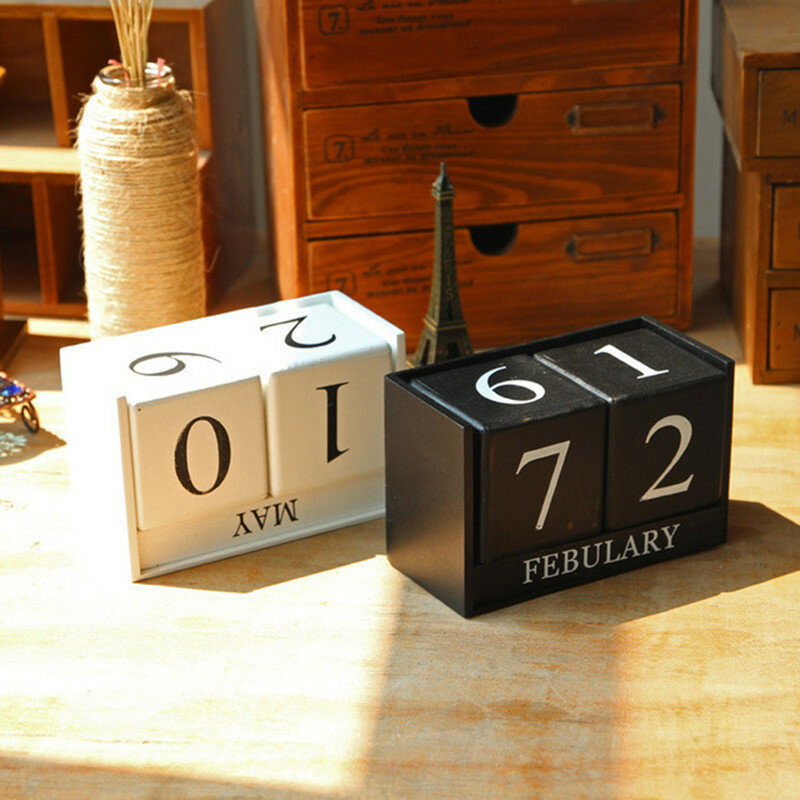 

Vintage Perpetual Year Desktop Wooden Calendar Wood Block Table Calendar Office Desktop Decoration Accessories