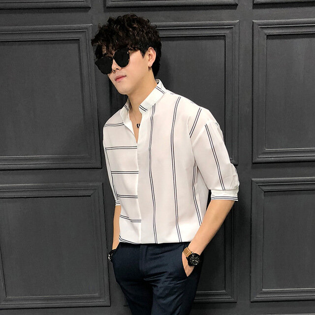 Season New Men's Men's Loose Five-point Sleeves Striped Shirt Youth England Wild Sleeves Shirt Tide