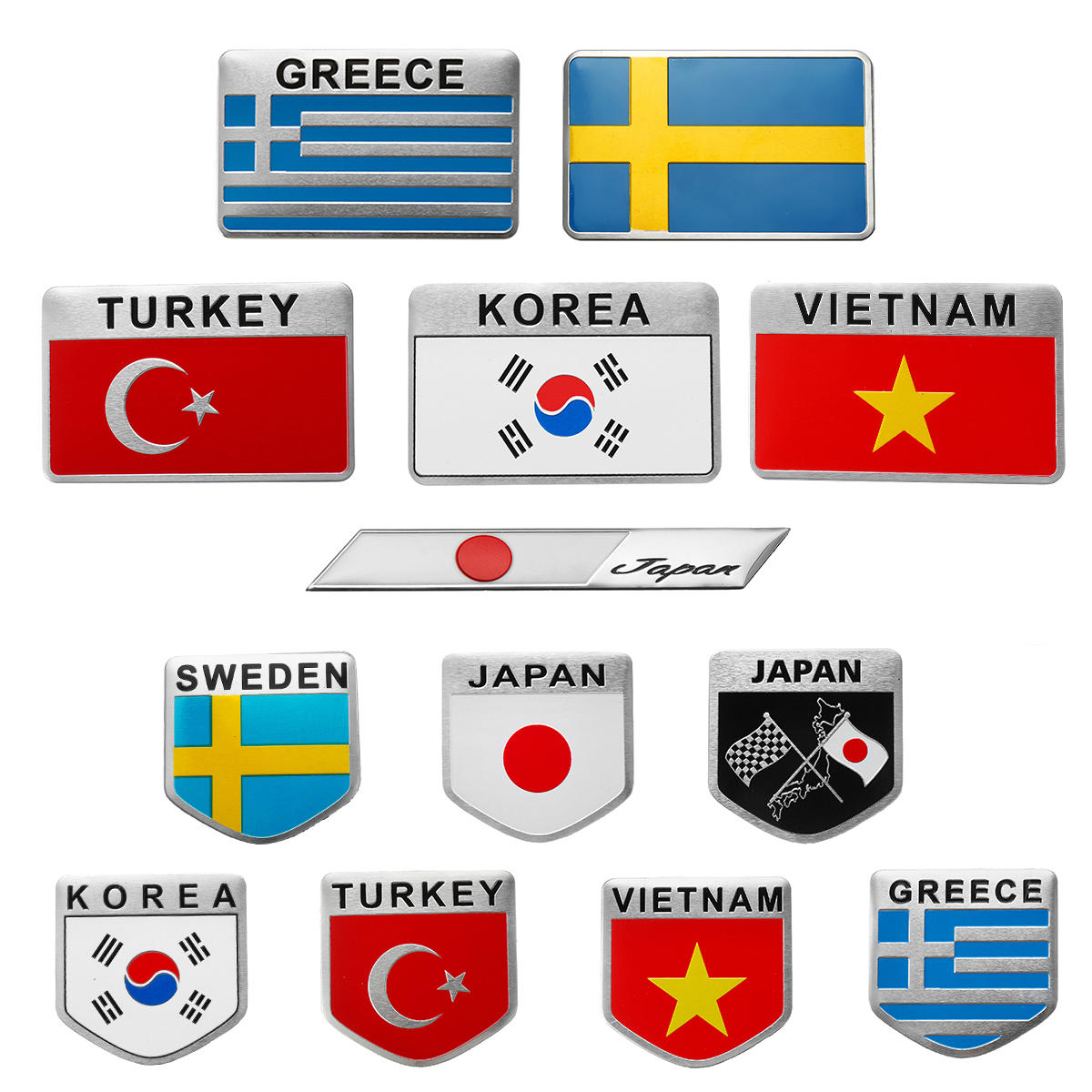3D Aluminum Alloy Car Auto Body Sticker Decals Turkey/Sweden/Greece/Korea/Vietnam/Japan Flag