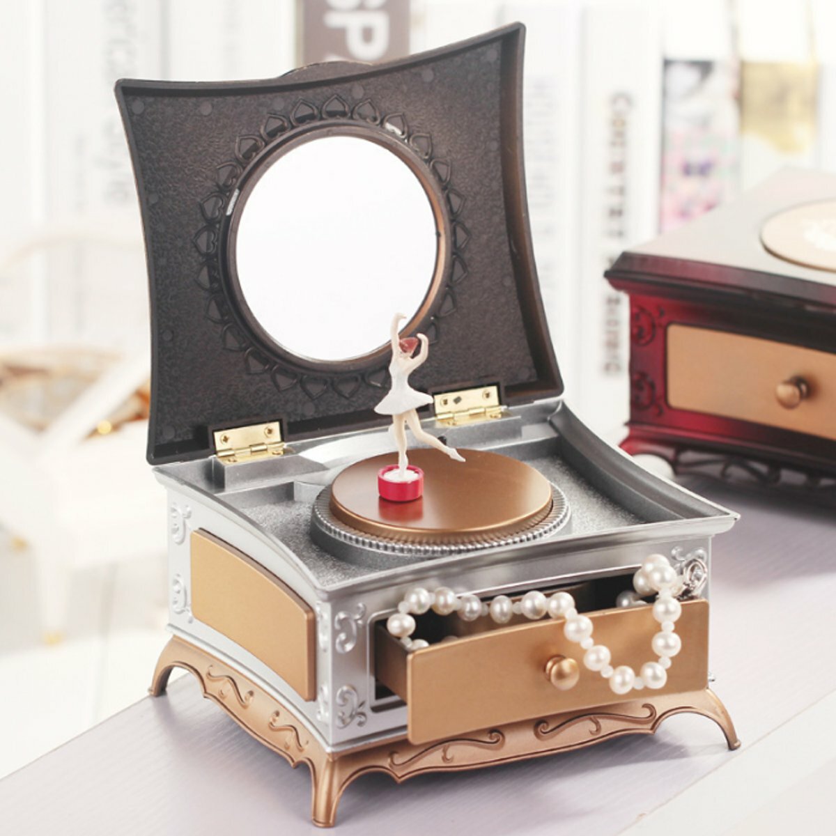Classical Rotating Girl Music Box Jewelry Storage Box & Makeup Mirror Kids Decorations