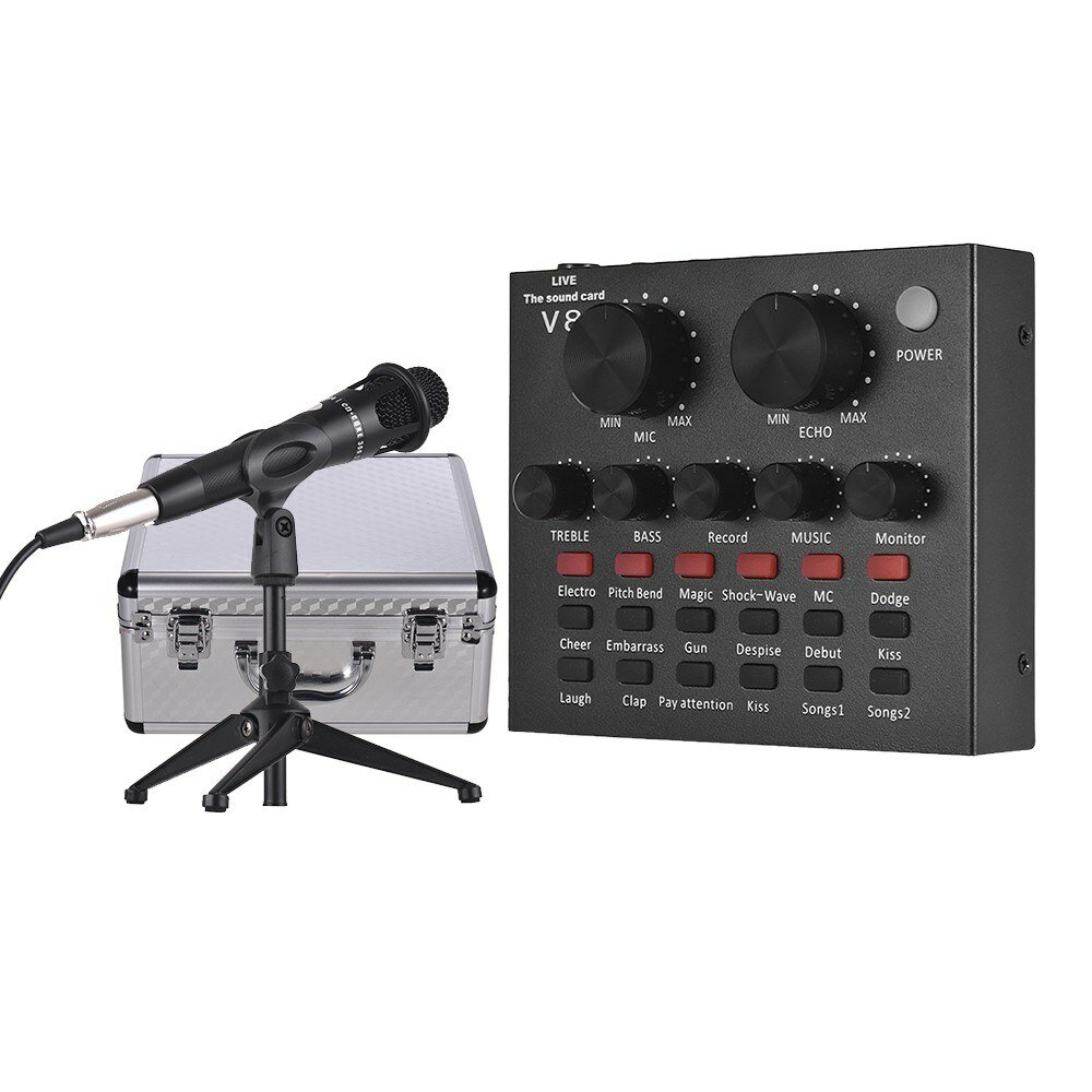USB Sound Card Microphone with Tripod Audio Cable Earphone for Broadcast Live Streaming for Tik Tok 