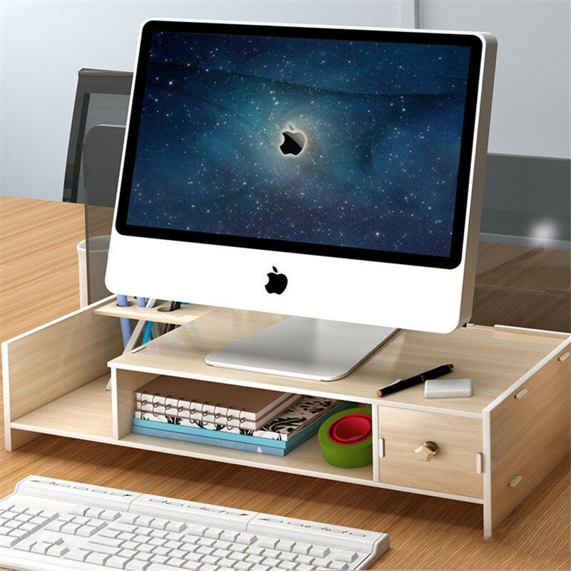 Multi-function Desktop Organizer Wood Desktop Monitor Stand Computer Laptop Screen Riser Desk Shelf 