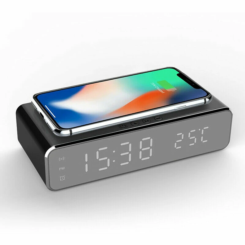Electric LED 12 / 24H Alarm Clock With Phone Wireless Charger Table Digital Thermometer Display Desktop Clock
