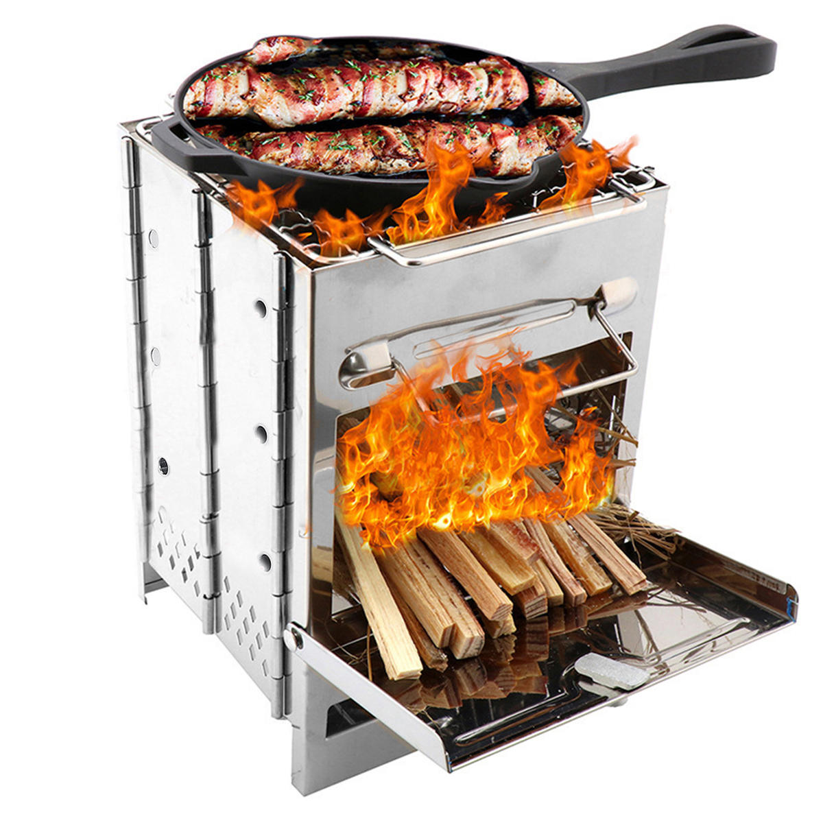 IPRee® Açık Hava Barbekü Izgara Ocak Ayarlanabilir Paslanmaz Çelik Kamp Piknik Pişirme Odunu Ocak Seti