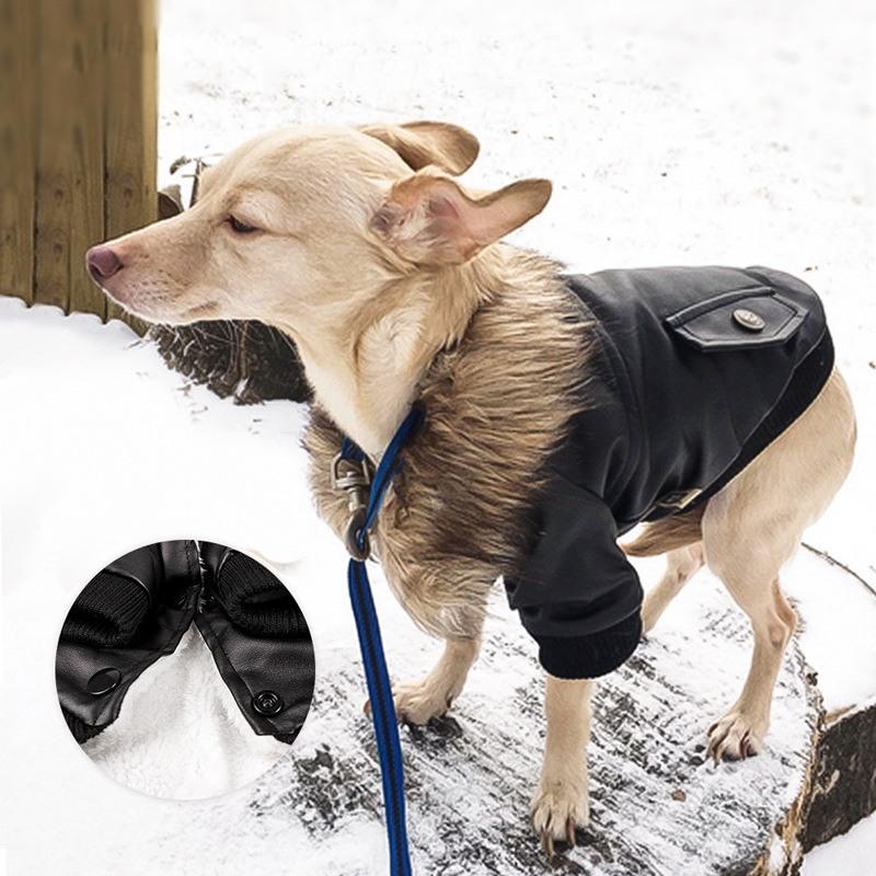 Nsmsan KLN-1725 Pet Fur Collar Leather Coats Waterproof Pet Dog Winter Warm Coats Puppy Cold Weather