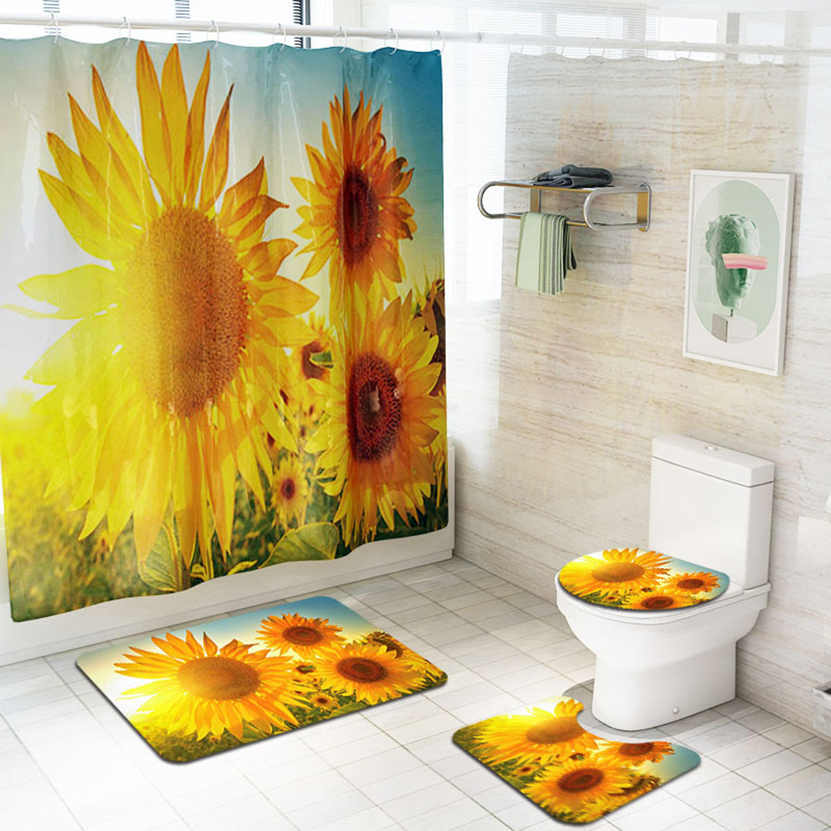 

Waterproof Shower Curtain Bathroom Toilet Lid Seat Cover Bath Mats Sunflower Summer Feeling Home Decor