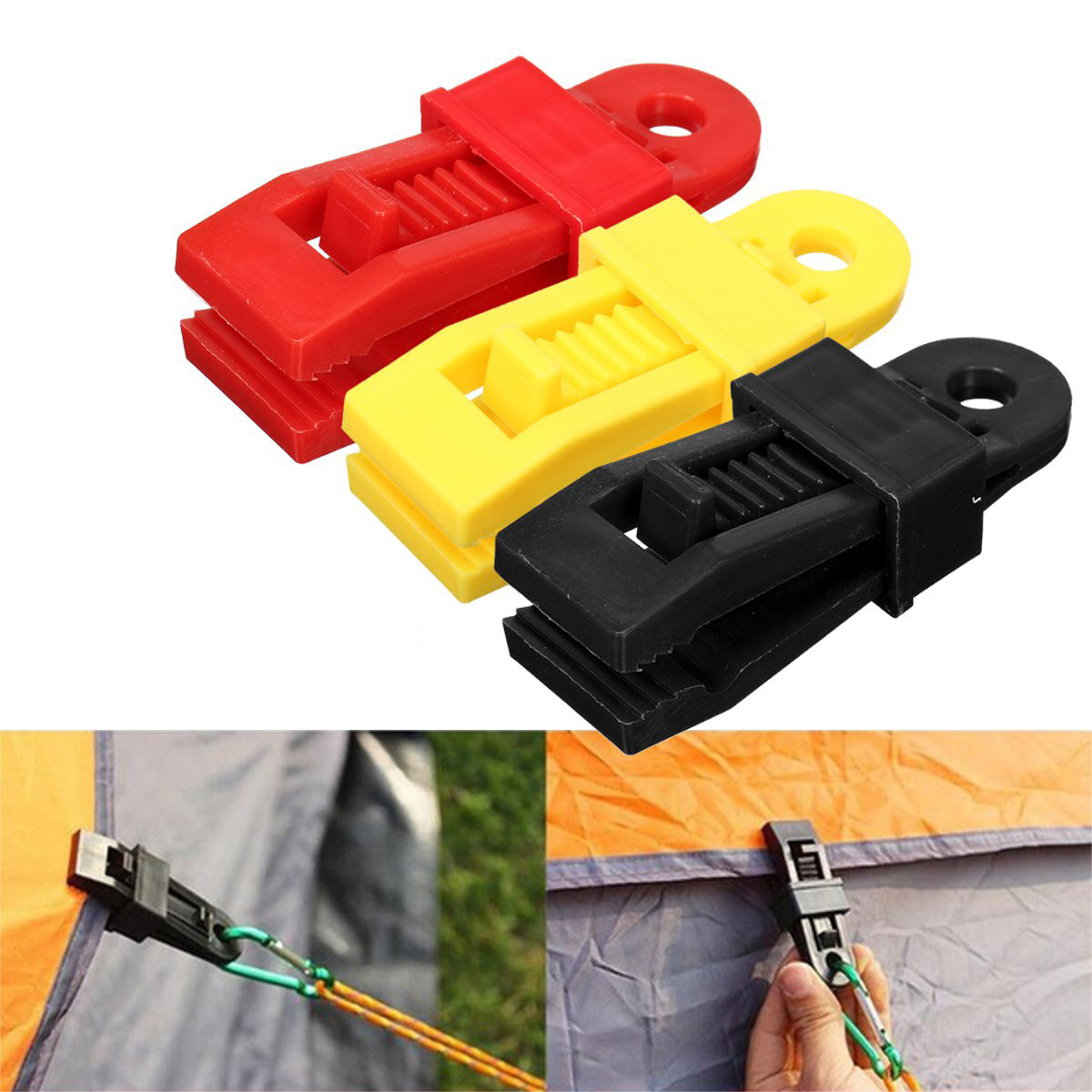 24 Clipes de tenda plásticos reutilizáveis para camping ao ar livre - amarelo / vermelho / preto