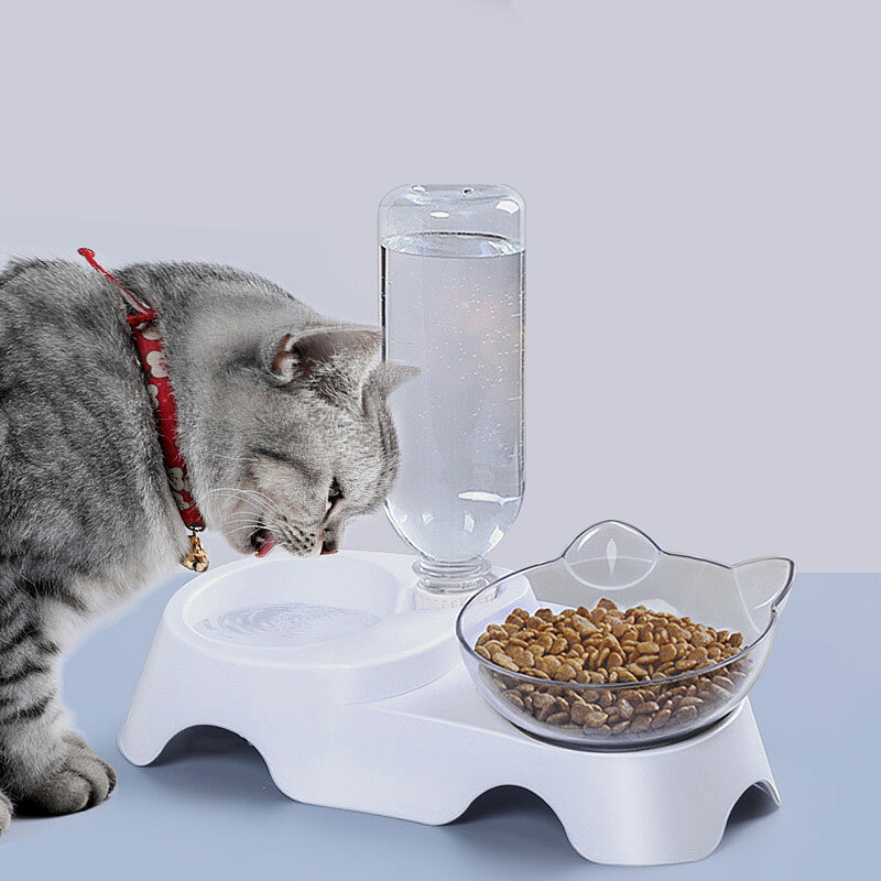 3 Types Oblique Cat Food Bowls Protecting Cervical Vertebra With Water Store Bottle Multi-function P