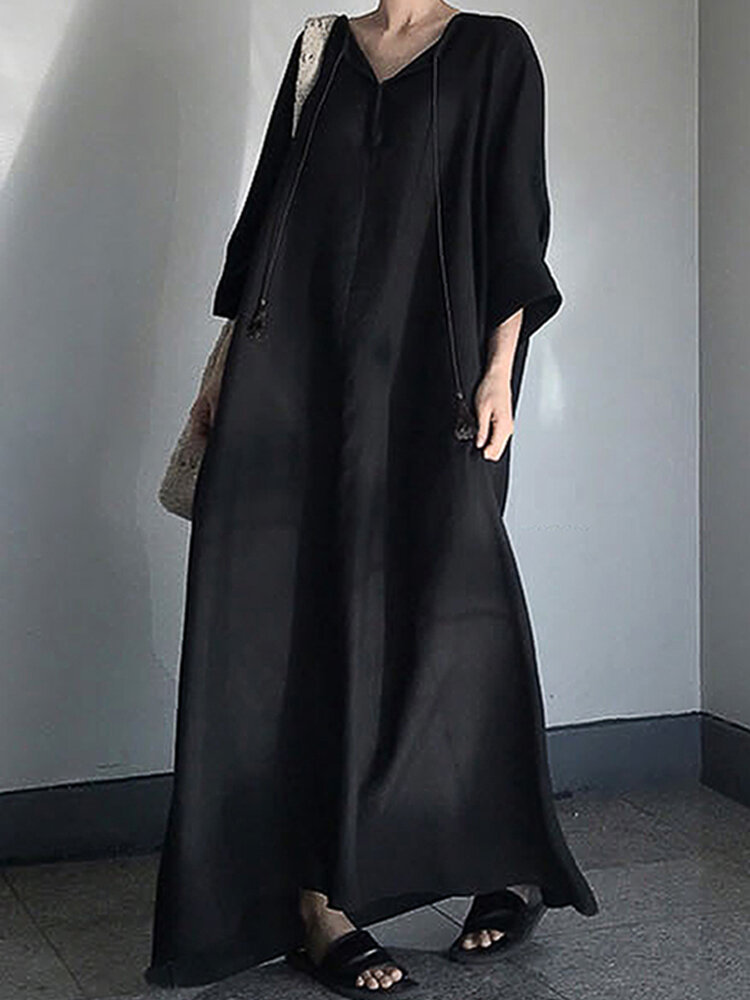 Women Casual V Neck 3/4 Seeve Solid Cotton Maxi Dress