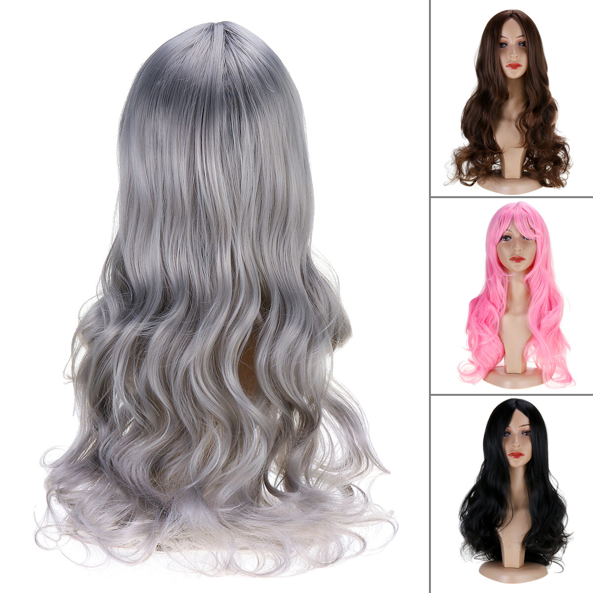 Women Wig Full Wavy Hair Extensions Heat Resistant Synthetic Grey