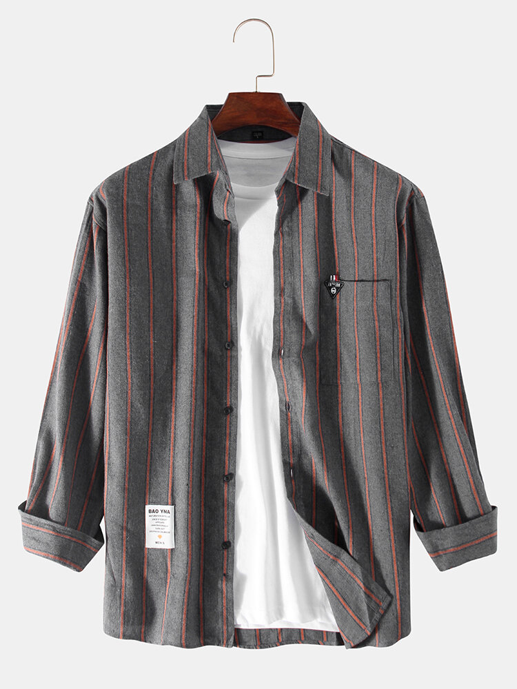 Men Vertical Stripe Chest Pocket Long Sleeve Casual Shirts