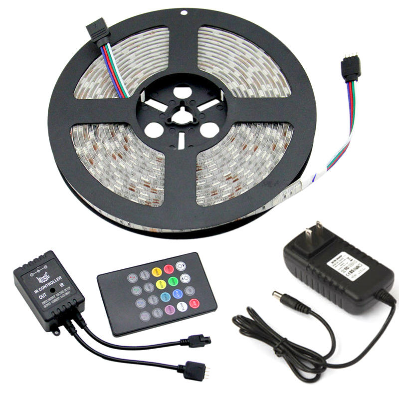 5M DC12V RGB Waterproof Indoor Outdoor Music LED Strip Light + 20 Keys Remote Control + Power Adapte
