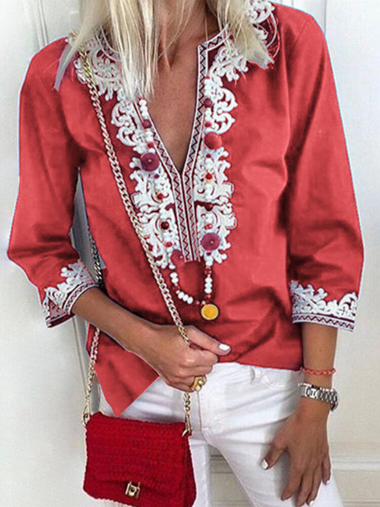 Women Printed Ethnic Casual Tops Long Sleeve Blouse