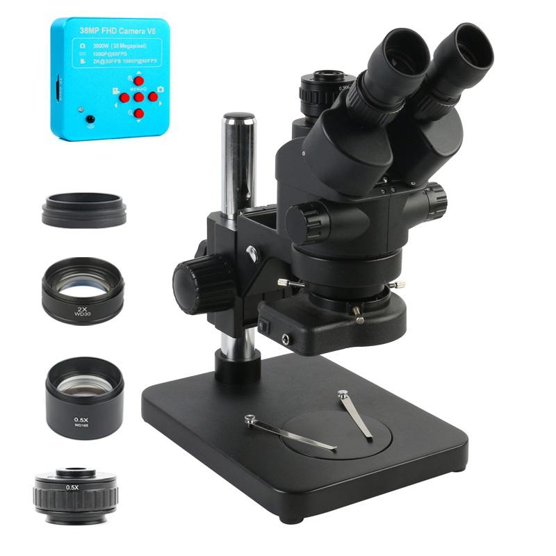 

2019 Черный 7X-45X Тринокулярный стереомикроскоп с симуль-фокусным зумом + HDMI USB 38MP Видео камера + 0,5x 2,0x вспомо